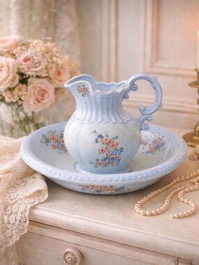 Arnels 1975 Blue Floral Pitcher & Basin Set Cottagecore Farmhouse Bathroom